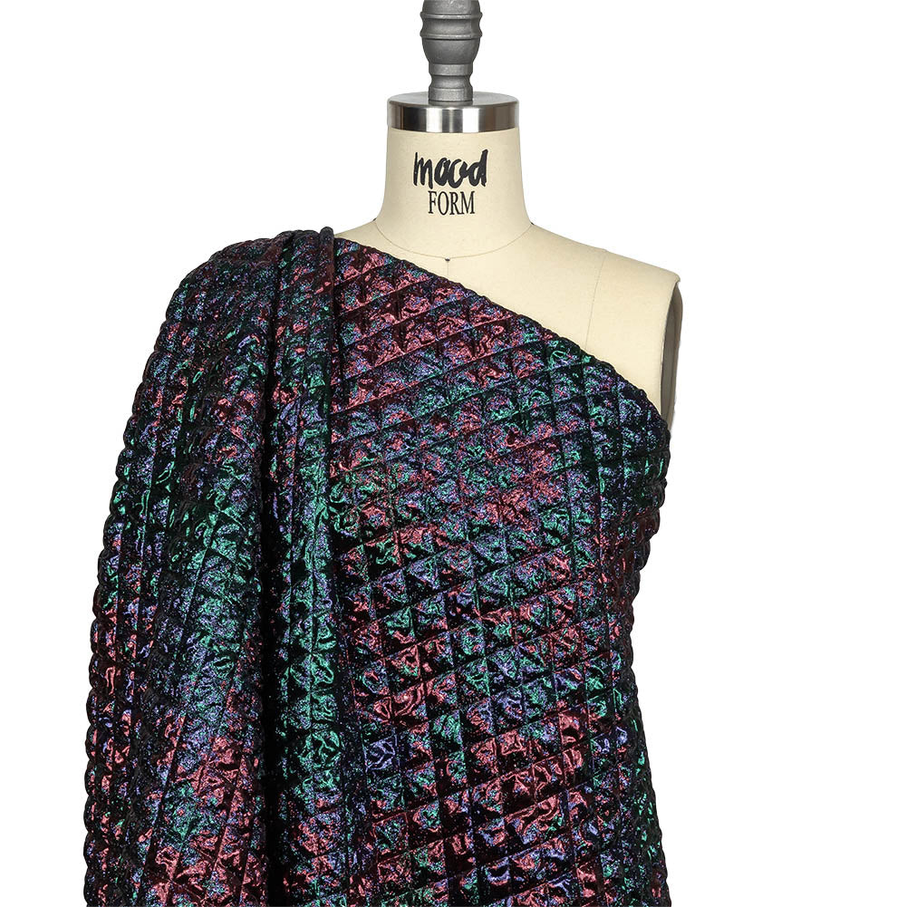 Metallic Burgundy, Evergreen and Navy Diamond Quilted Luxury Brocade Drape