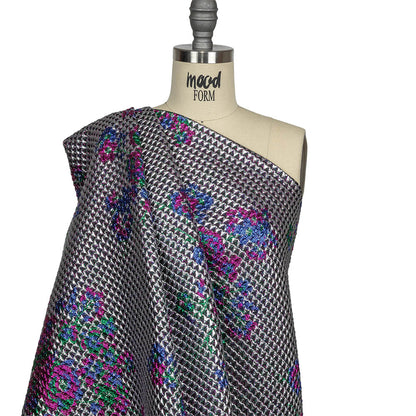 Metallic Silver, Pink and Blue Floral Triangles Quilted Look Luxury Brocade Drape