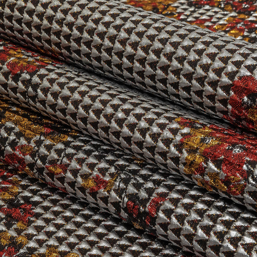 Metallic Silver, Red and Orange Floral Triangles Quilted Look Luxury Brocade Folded