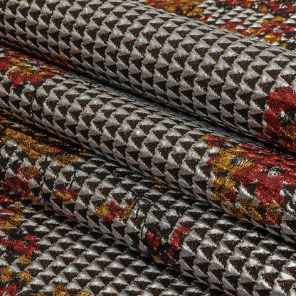 Metallic Silver, Red and Orange Floral Triangles Quilted Look Luxury Brocade Folded