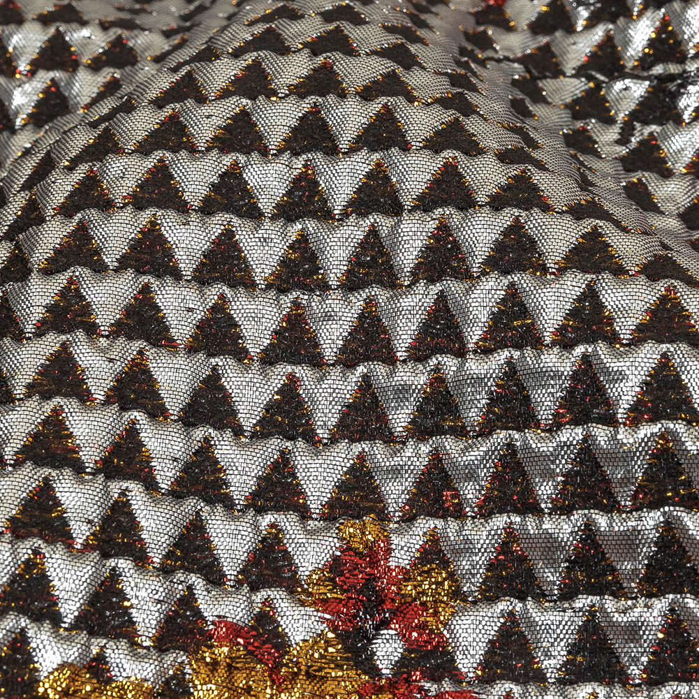 Metallic Silver, Red and Orange Floral Triangles Quilted Look Luxury Brocade Detail