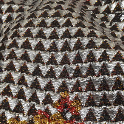 Metallic Silver, Red and Orange Floral Triangles Quilted Look Luxury Brocade Detail