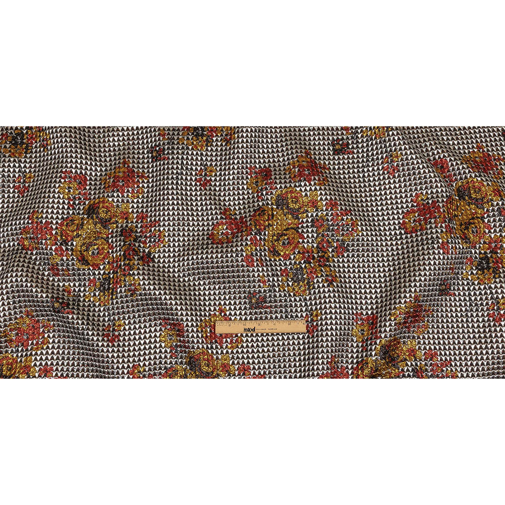 Metallic Silver, Red and Orange Floral Triangles Quilted Look Luxury Brocade Full
