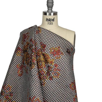 Metallic Silver, Red and Orange Floral Triangles Quilted Look Luxury Brocade Drape