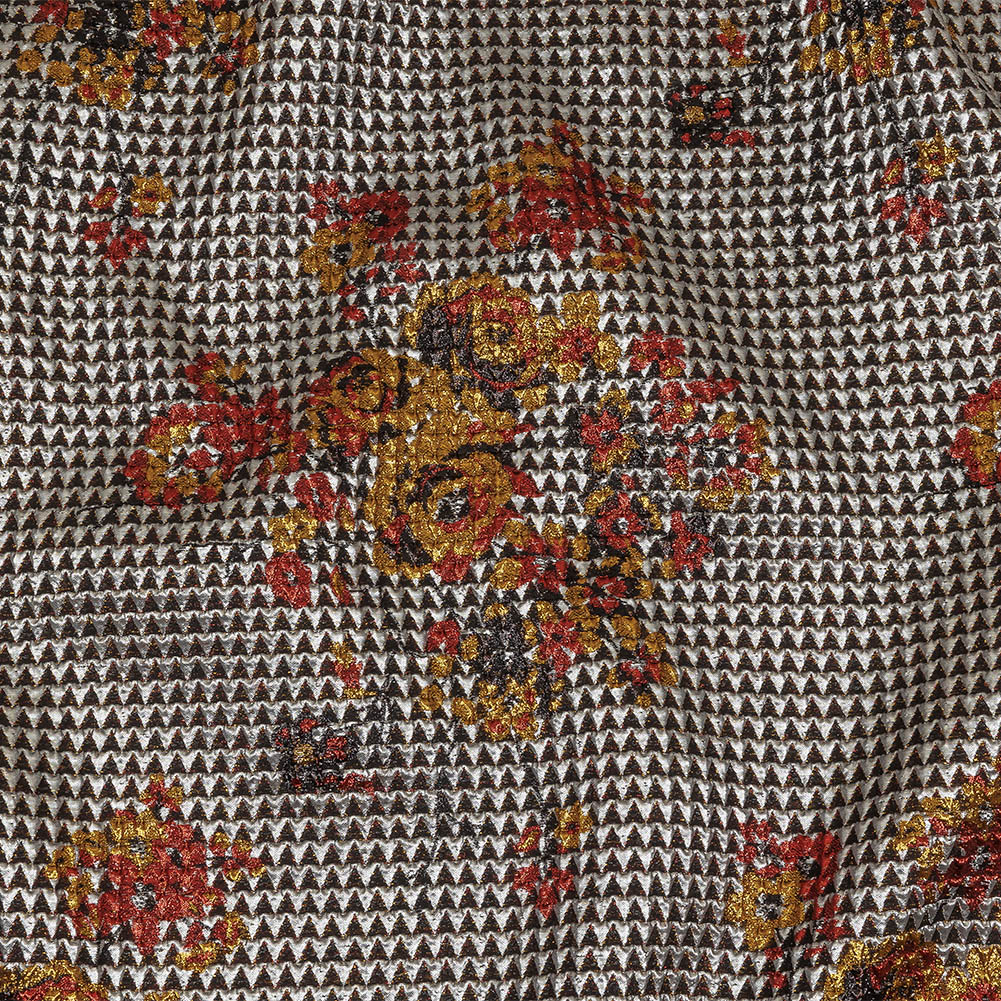 Metallic Silver, Red and Orange Floral Triangles Quilted Look Luxury Brocade