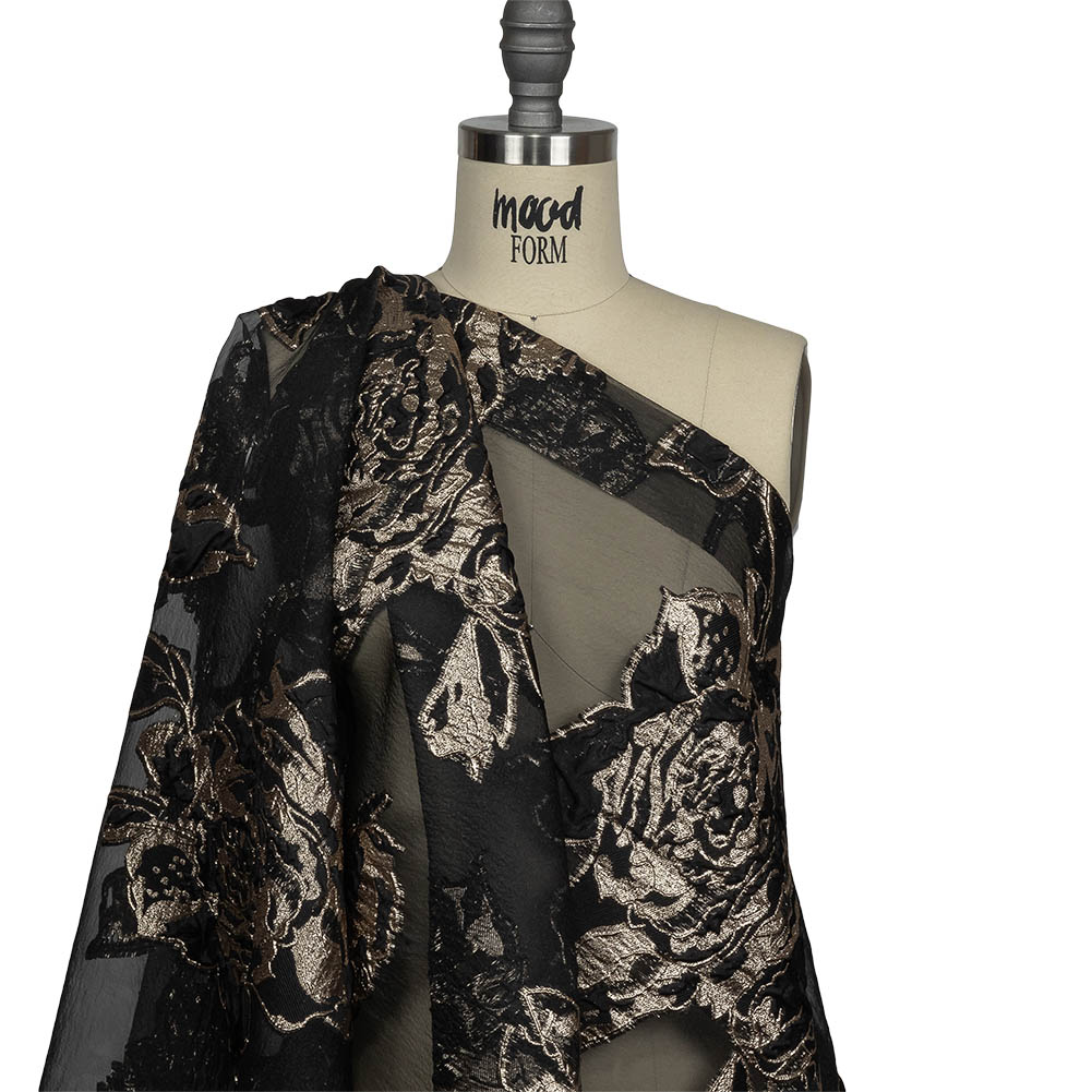Metallic Gold and Black Roses Luxury Organza Burnout Brocade Drape