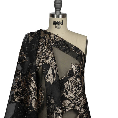 Metallic Gold and Black Roses Luxury Organza Burnout Brocade Drape