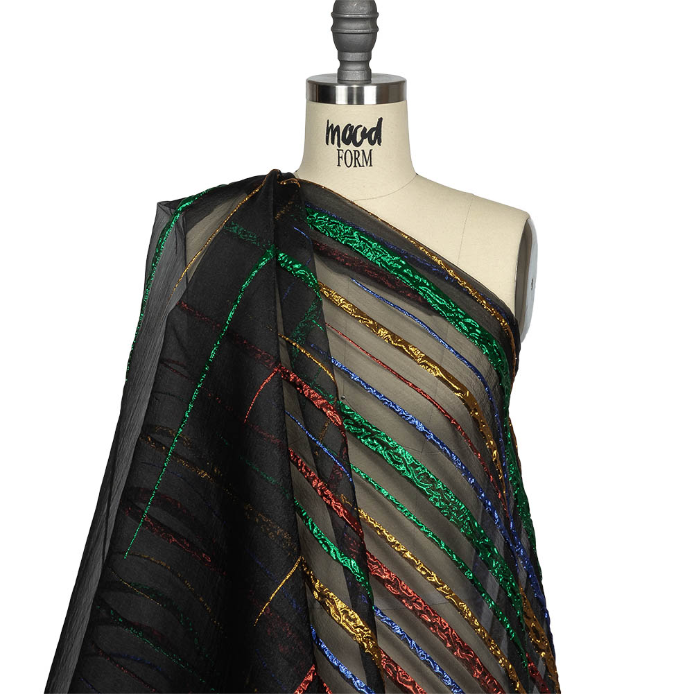 Metallic Primary Colors and Black Fading Lines Luxury Organza Brocade Drape