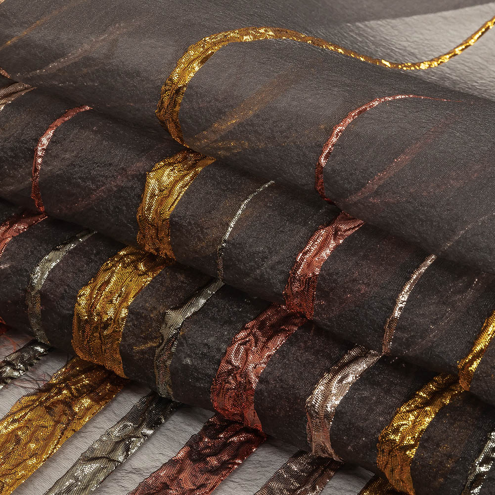 Metallic Rose, Silver and Gold Fading Lines Luxury Organza Brocade Folded