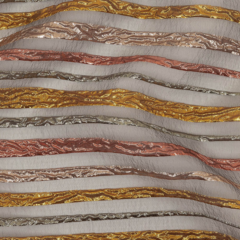Metallic Rose, Silver and Gold Fading Lines Luxury Organza Brocade