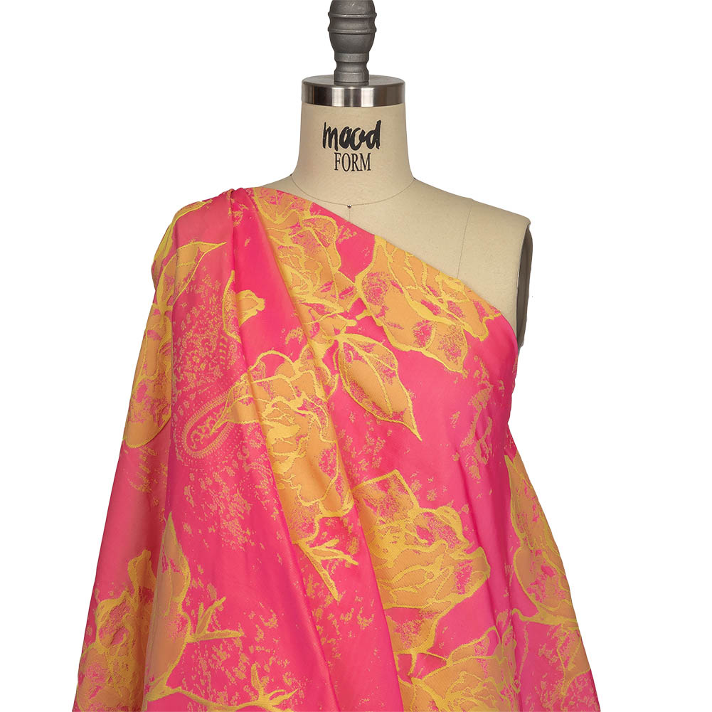 Neon Pink and Yellow Distressed Roses Luxury Brocade Drape