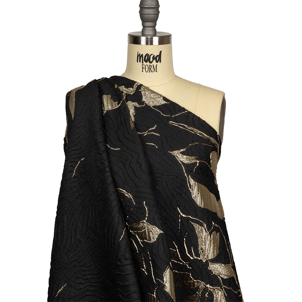 Metallic Gold and Black Floral Border Print Luxury Brocade Drape
