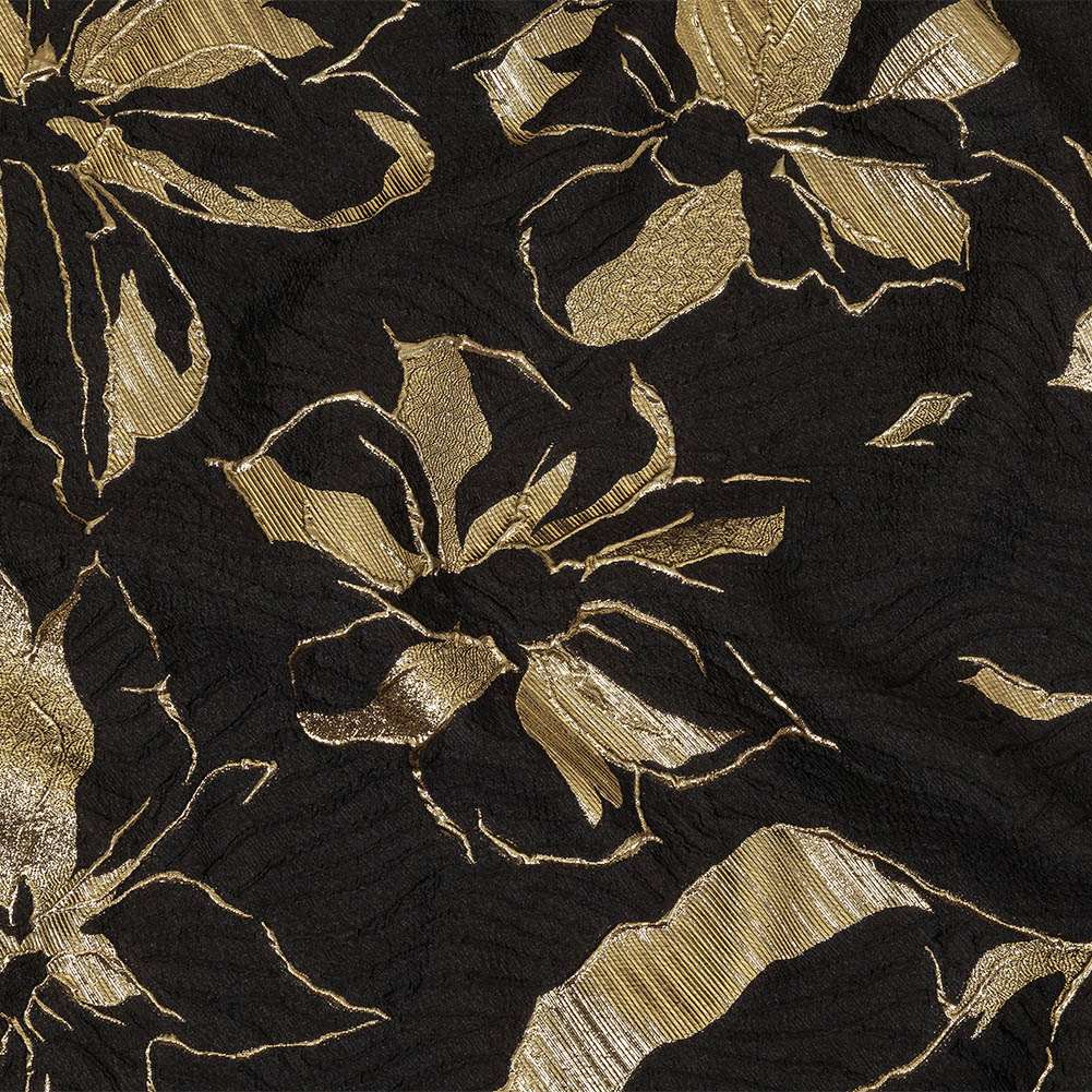 Metallic Gold and Black Floral Border Print Luxury Brocade
