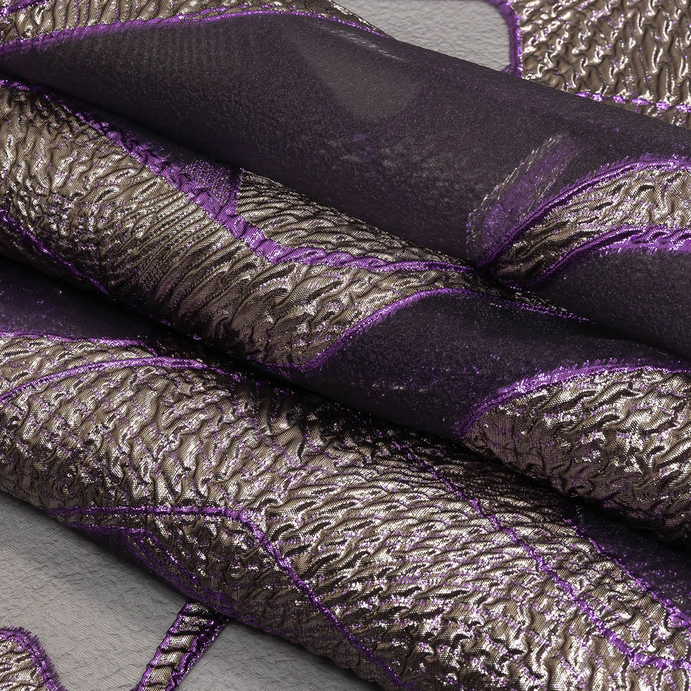 Metallic Silver and Purple Abstract Luxury Burnout Brocade Folded