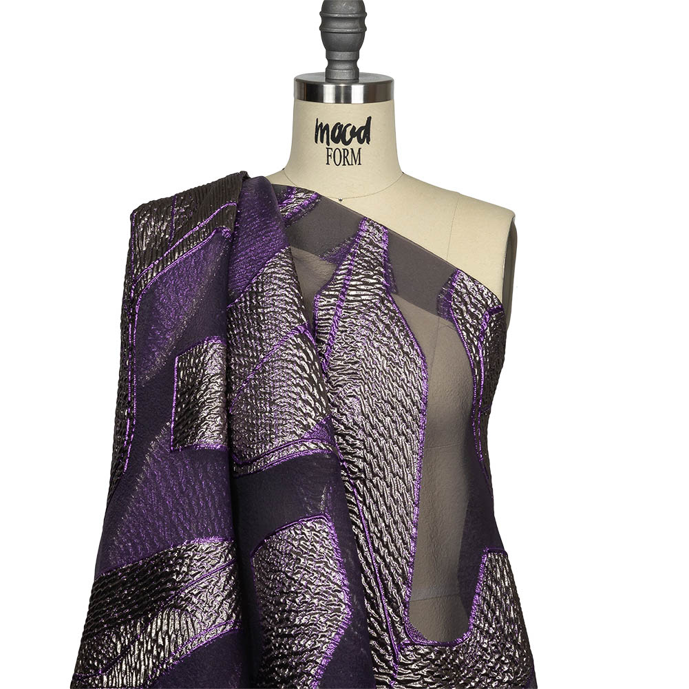 Metallic Silver and Purple Abstract Luxury Burnout Brocade Drape