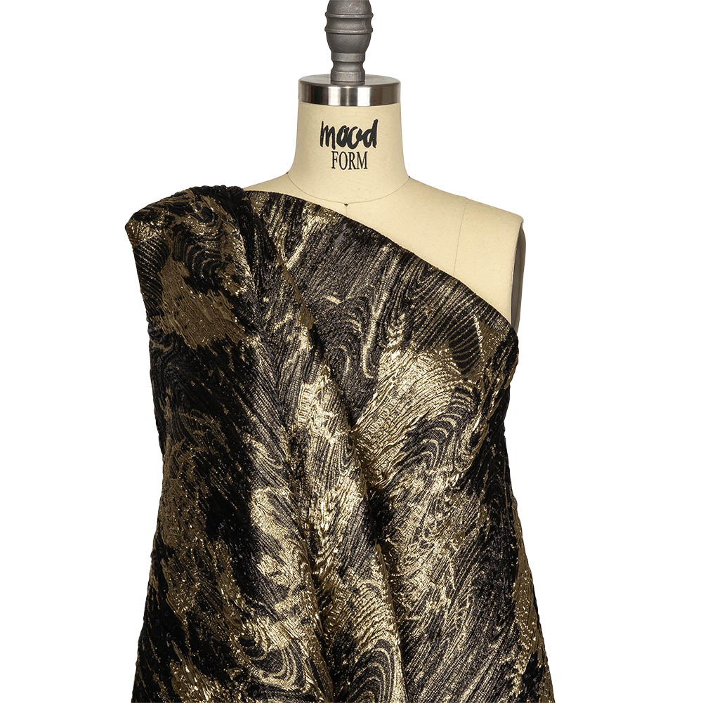 Metallic Gold and Black Wood Grain Luxury Plisse Brocade Drape