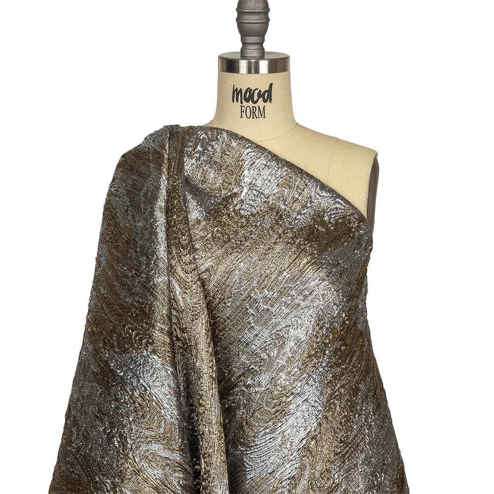 Metallic Silver and Gold Wood Grain Luxury Plisse Brocade Drape