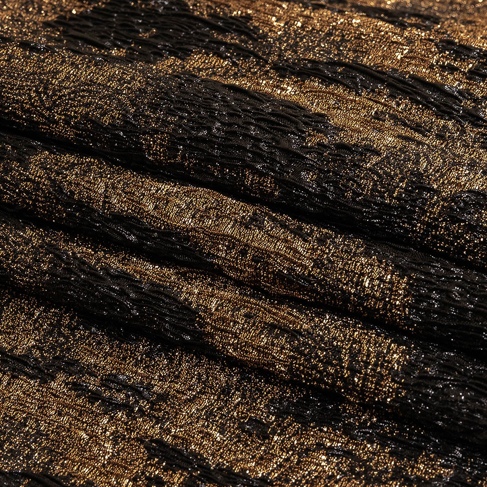 Metallic Bronze and Black Abstract Luxury Plisse Brocade Folded