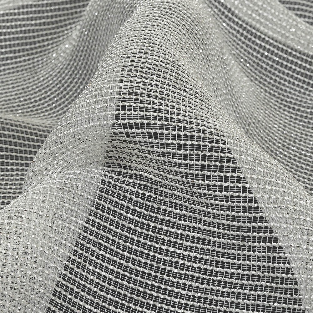 Metallic Silver and White Textural Stripes Luxe Novelty Mesh Detail