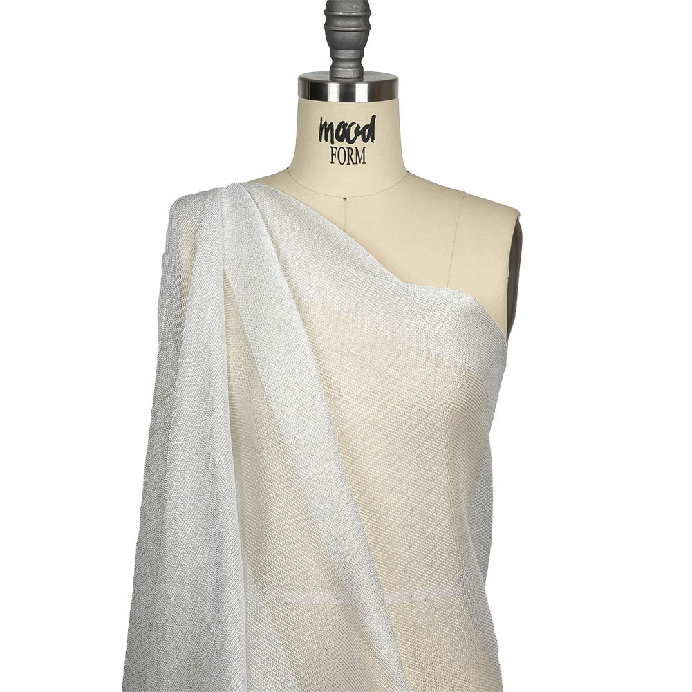 Metallic Silver and White Textural Stripes Luxe Novelty Mesh Drape