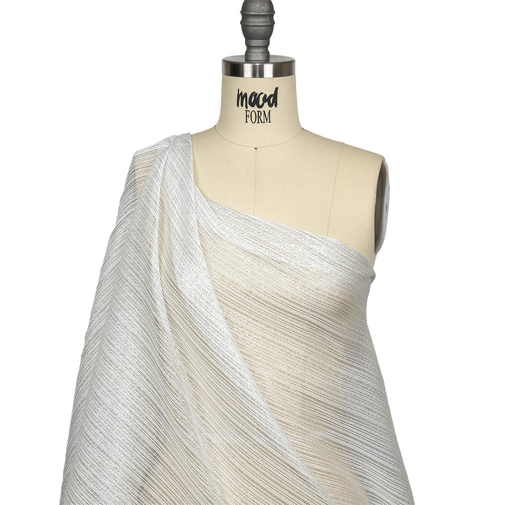 Metallic Silver and White Barcode Stripes Luxe Novelty Mesh Drape