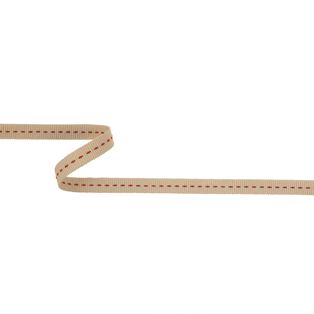 Tan Ribbon Branded Tan Grosgrain Ribbon with Red Stitching Detail - 0.375