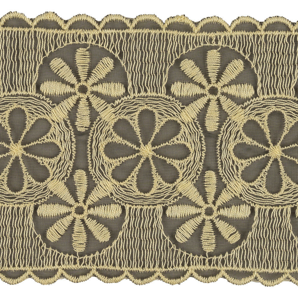 Pistachio Shell and Black Circles and Flowers Embroidered Mesh Lace Trim with Scalloped Borders - 4.25" Detail