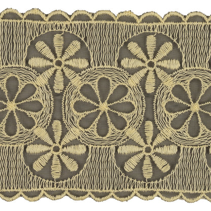 Pistachio Shell and Black Circles and Flowers Embroidered Mesh Lace Trim with Scalloped Borders - 4.25" Detail