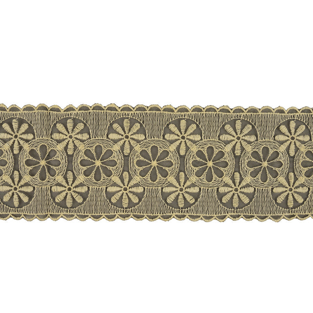 Pistachio Shell and Black Circles and Flowers Embroidered Mesh Lace Trim with Scalloped Borders - 4.25"