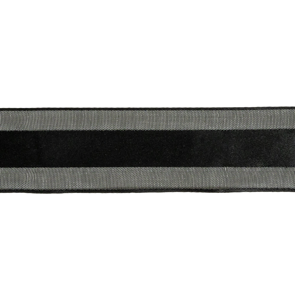 Black Double Faced Satin Ribbon with Sheer Woven Borders - 0.9375" Detail