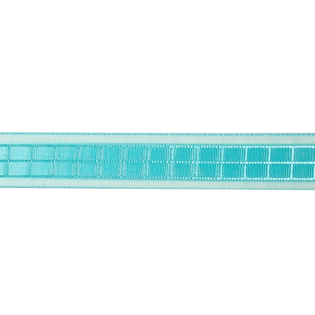 Turquoise Windowpane Checks and Sheer Borders Woven Ribbon - 0.625" Detail