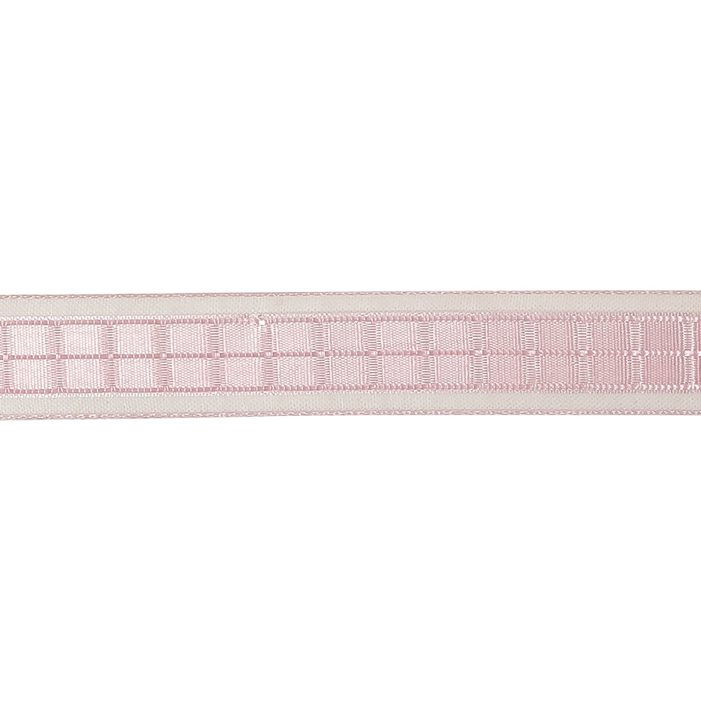 Pale Pink Windowpane Checks and Sheer Borders Woven Ribbon - 0.625" Detail