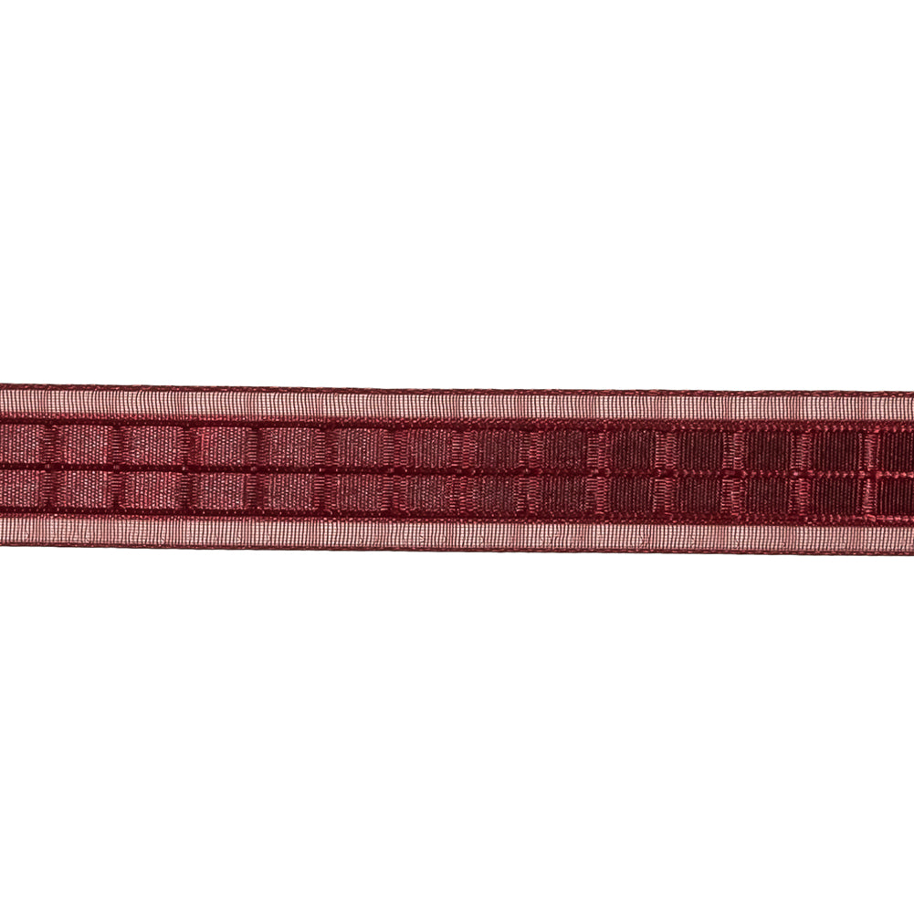 Wine Red Windowpane Checks and Sheer Borders Woven Ribbon - 0.625" Detail