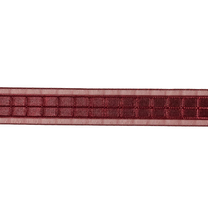 Wine Red Windowpane Checks and Sheer Borders Woven Ribbon - 0.625" Detail