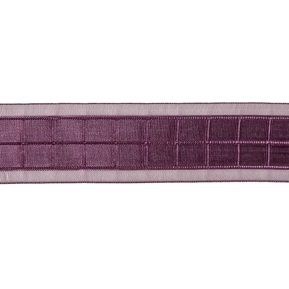 Plum Windowpane Checks and Sheer Borders Woven Ribbon - 1" Detail
