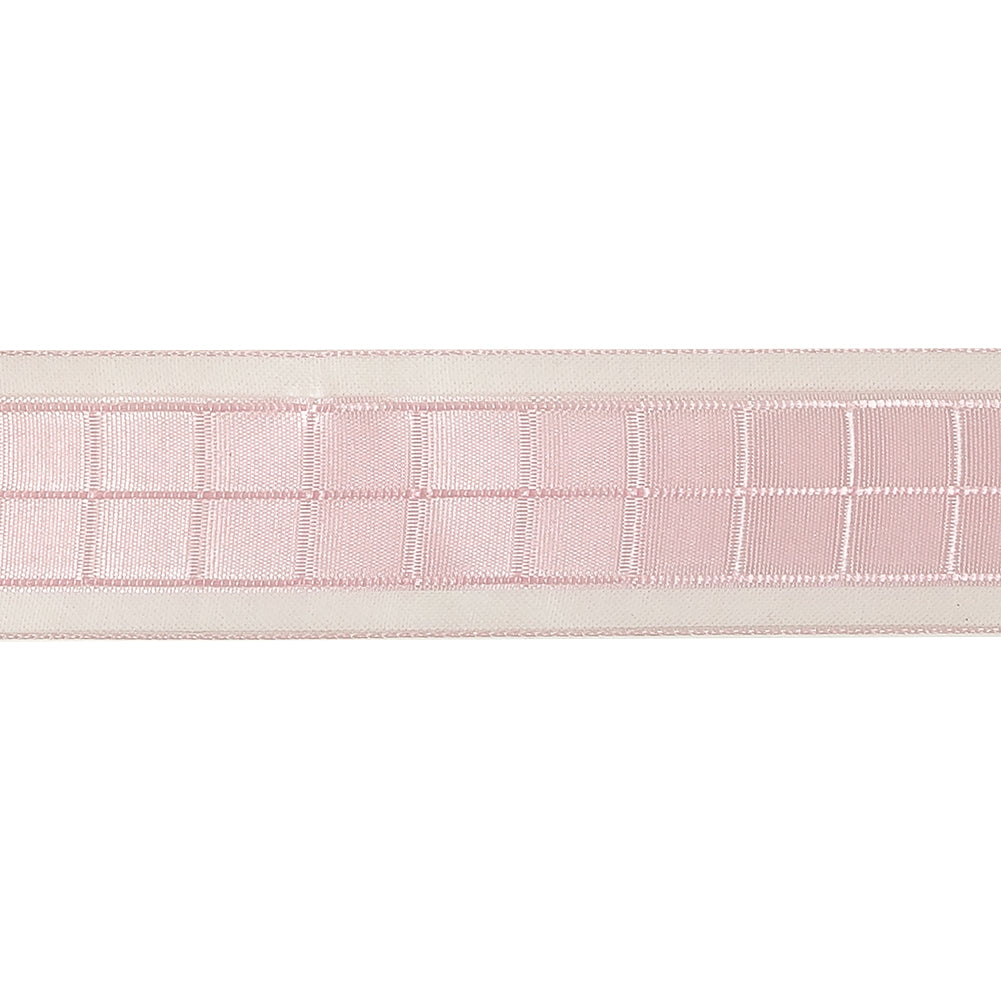 Pale Pink Windowpane Checks and Sheer Borders Woven Ribbon - 1" Detail