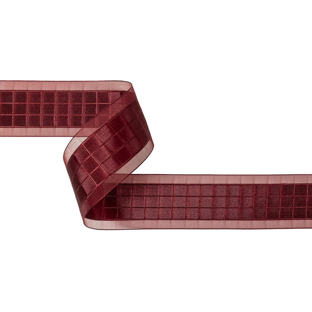Wine Red Windowpane Checks and Sheer Borders Woven Ribbon - 1.5"