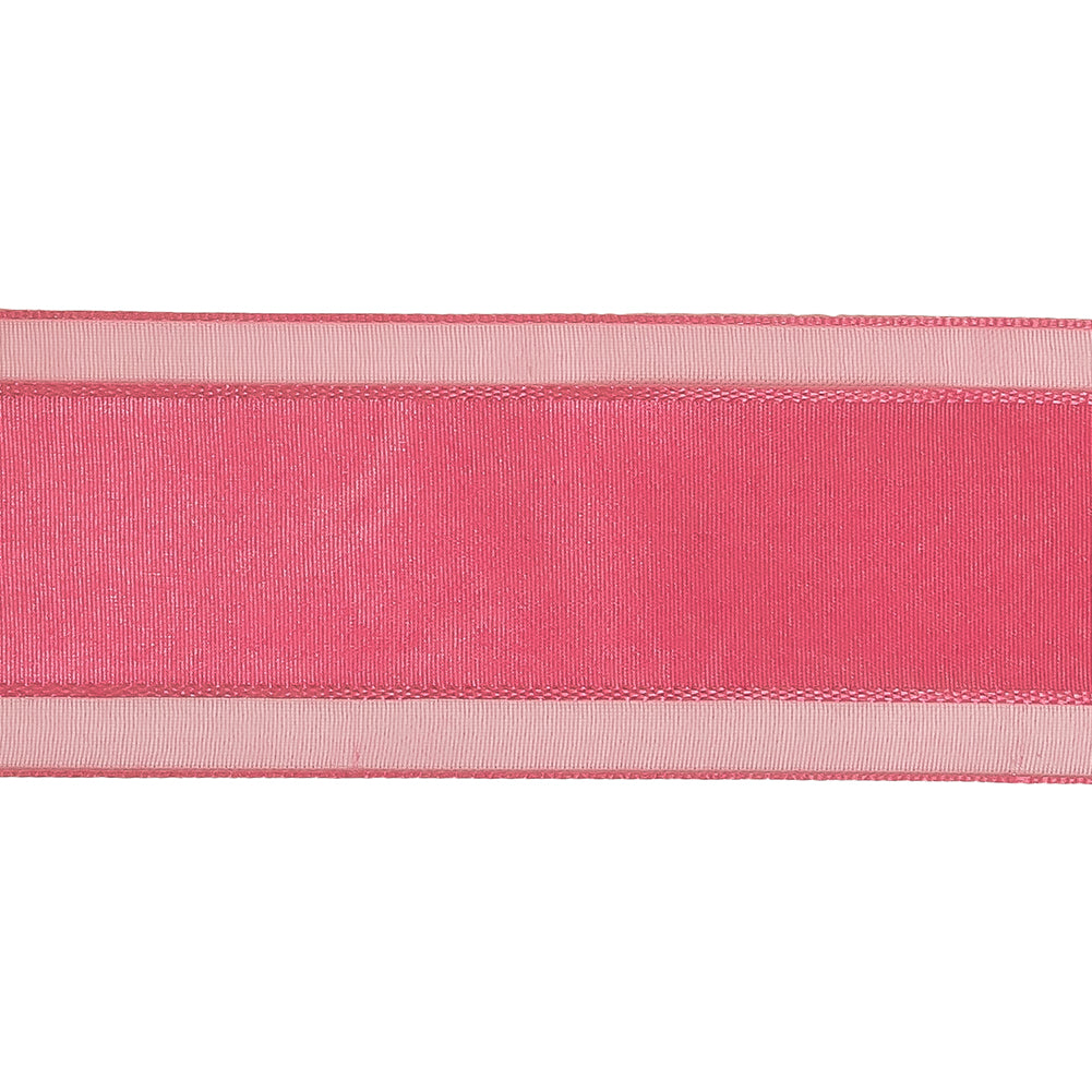 Pink Carnation Woven Ribbon with Sheer Organza Borders - 1.5" Detail