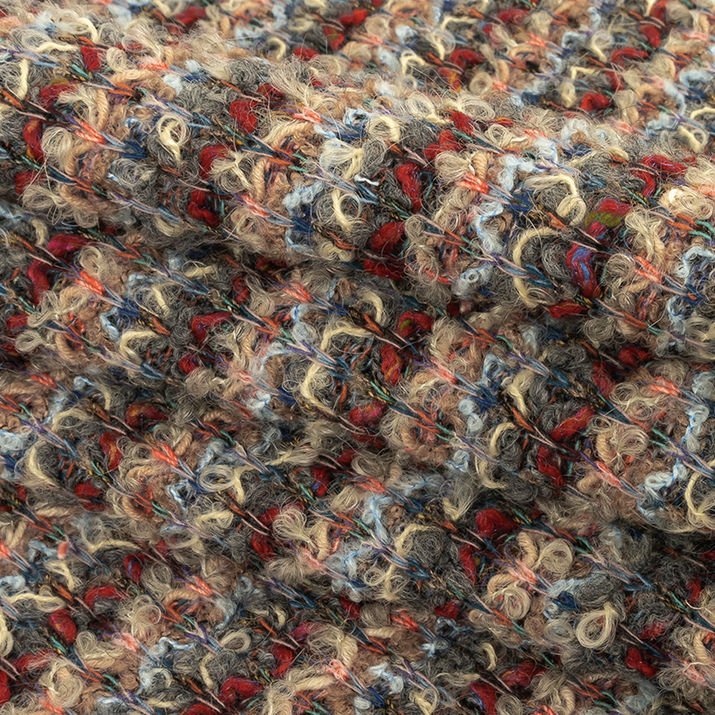 Red, Coral and Gray Striped Boucle Wool Knit with Clear Baby Sequins Folded