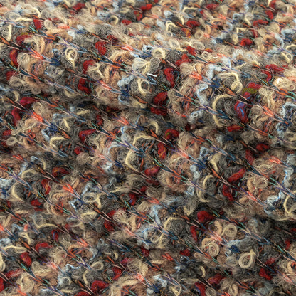 Red, Coral and Gray Striped Boucle Wool Knit with Clear Baby Sequins Folded