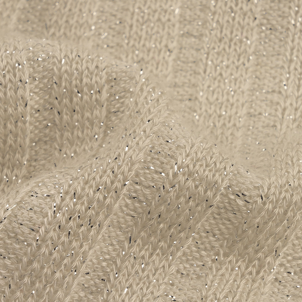 Italian White and Silver Metallic Stretch Rayon 5x3 Rib Knit Detail