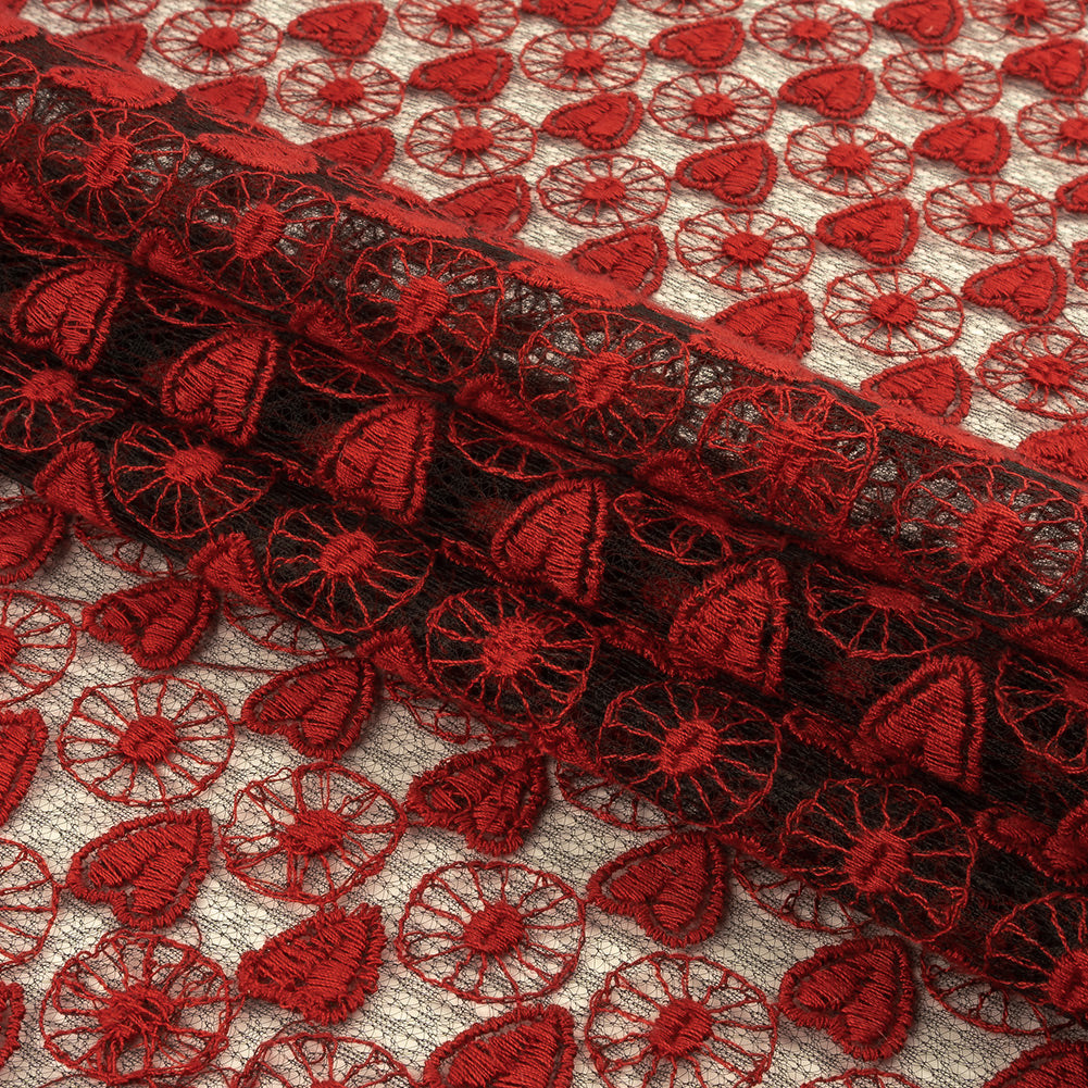 Famous Designer Red and Black Hearts and Wheels Embroidered Lace Folded