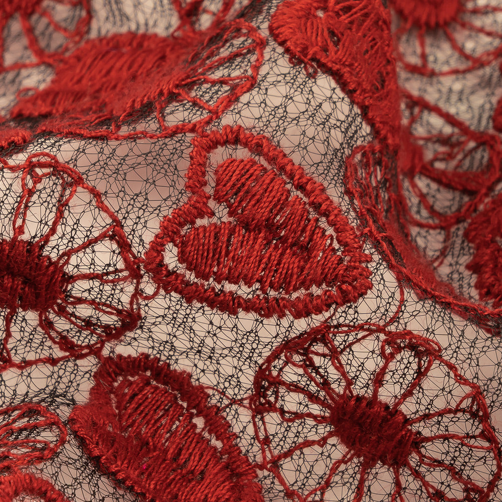 Famous Designer Red and Black Hearts and Wheels Embroidered Lace Detail