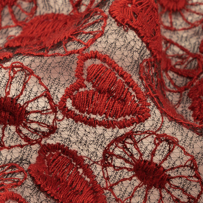 Famous Designer Red and Black Hearts and Wheels Embroidered Lace Detail