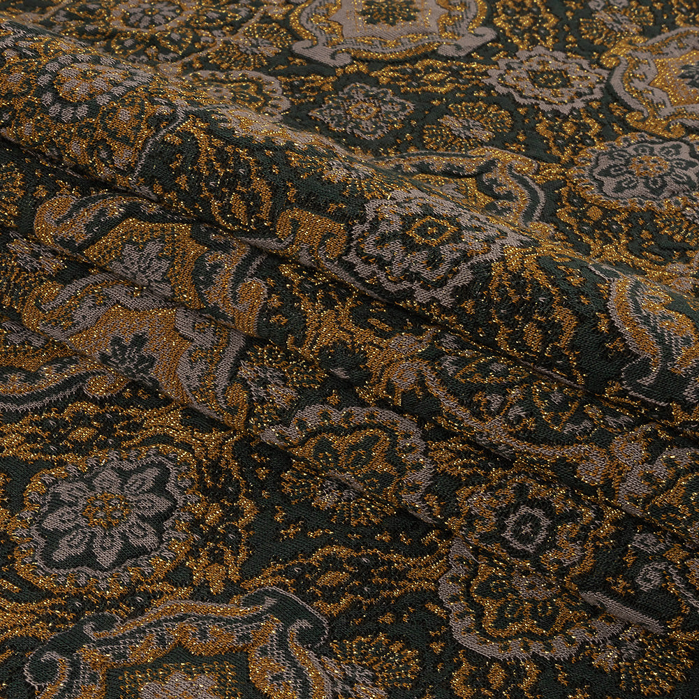 Scarab, Gray and Gold Metallic Medallions Cotton and Polyester Jacquard Knit Folded