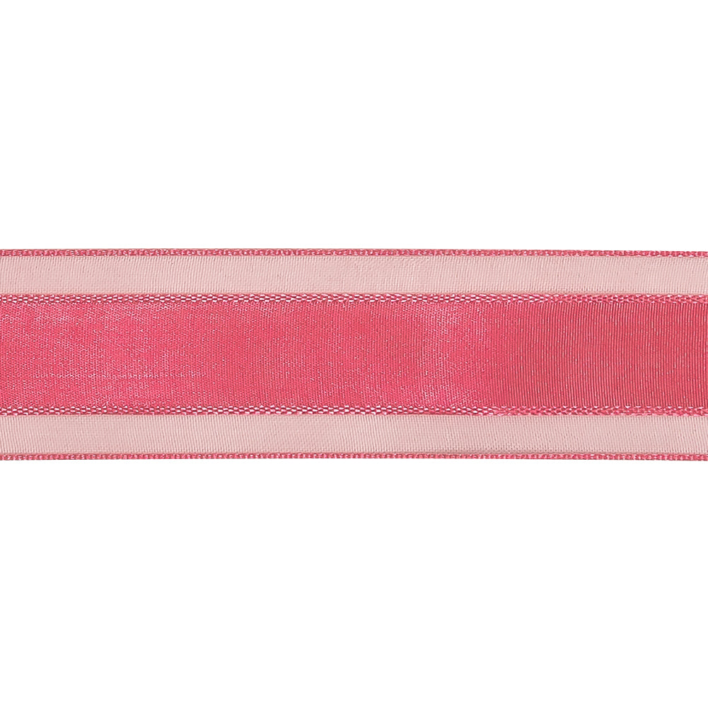 Pink Carnation Woven Ribbon with Sheer Organza Borders - 1" Detail