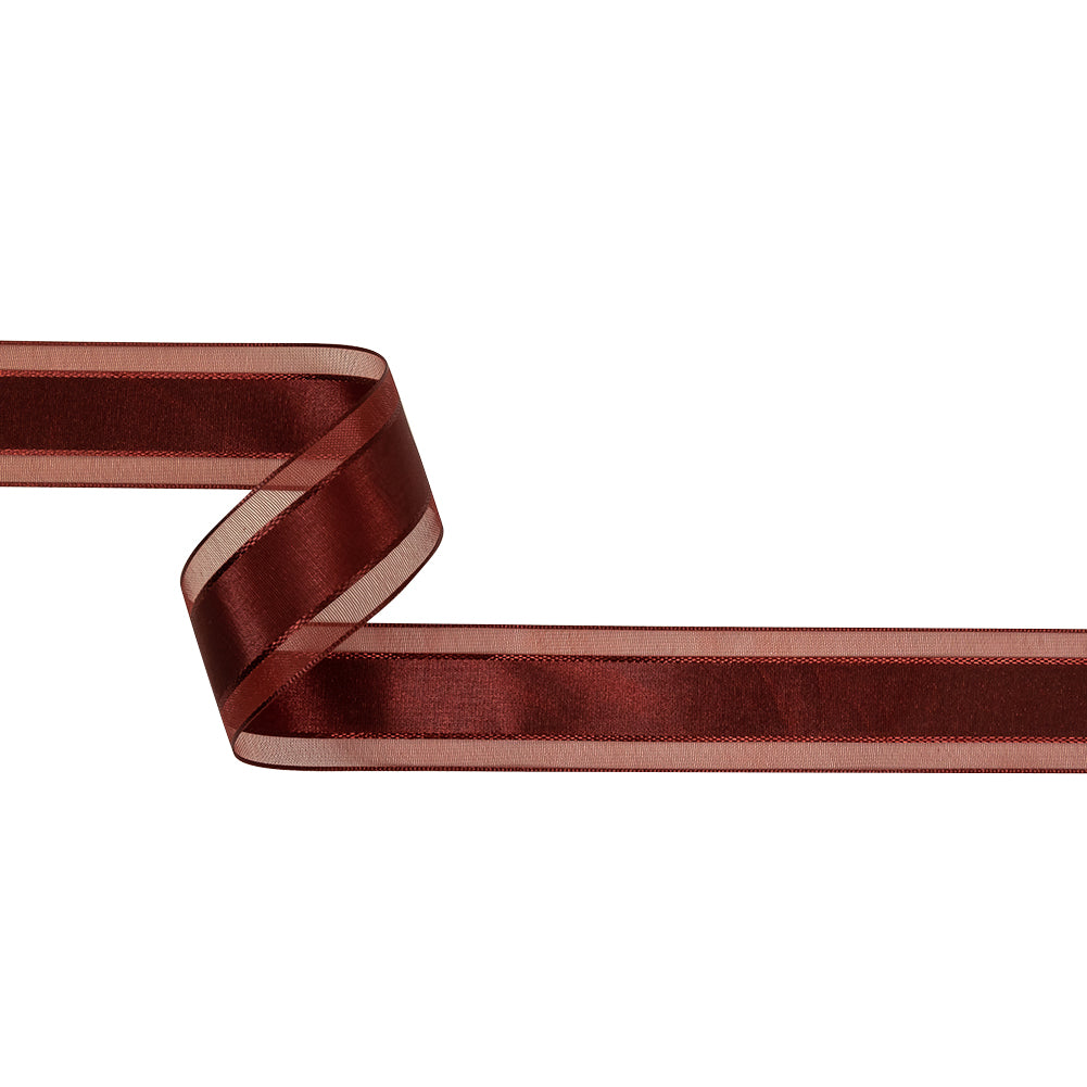 Wine Woven Ribbon with Sheer Organza Borders - 1"