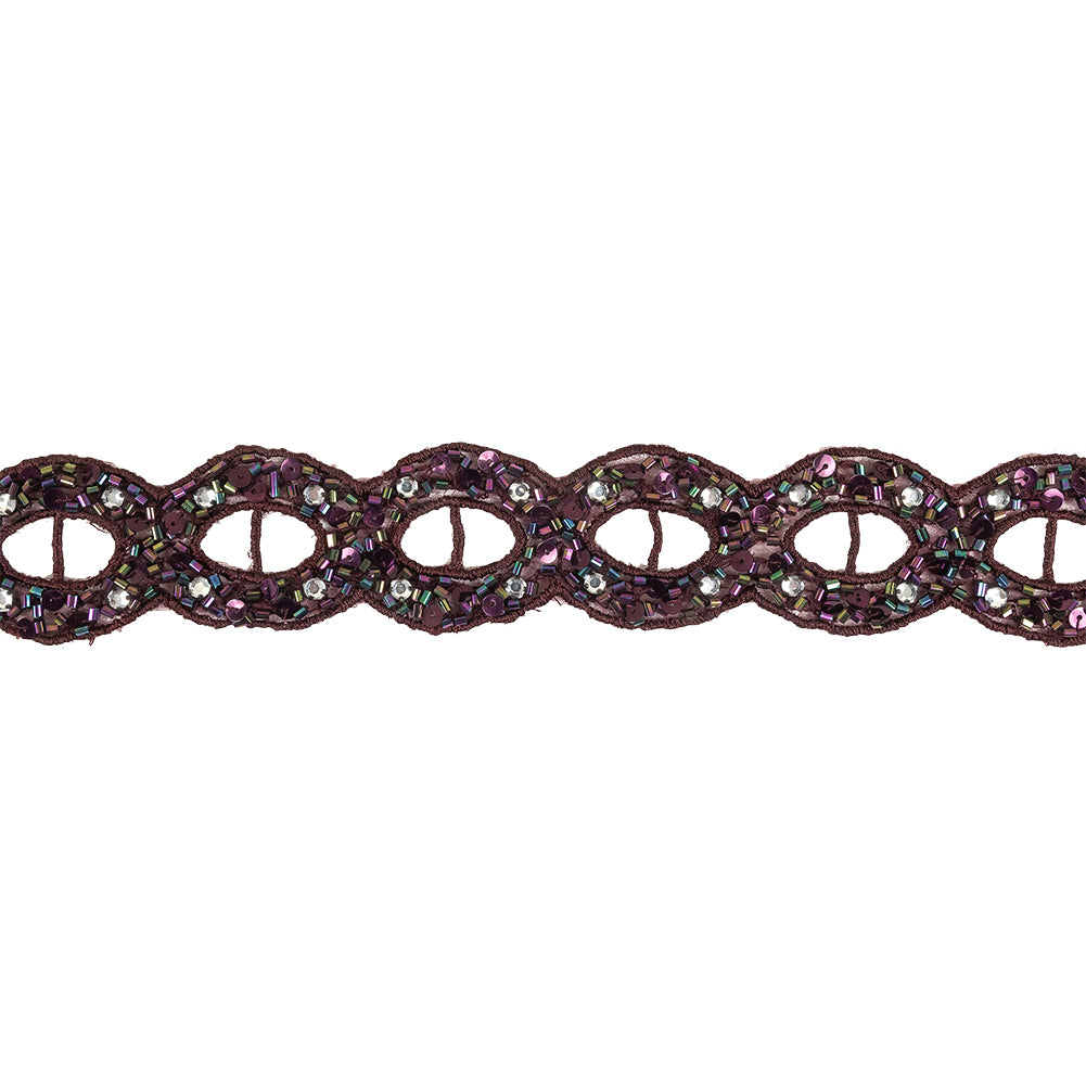 Blackberry Wine and Iridescent Rhinestones, Beads and Sequins Circles Embroidered Mesh Trim - 1.5"