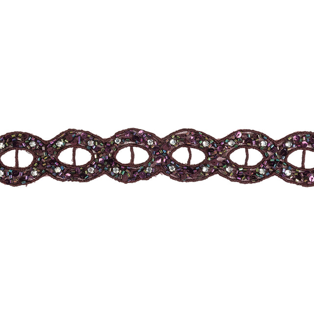 Blackberry Wine and Iridescent Rhinestones, Beads and Sequins Circles Embroidered Mesh Trim - 1.5"
