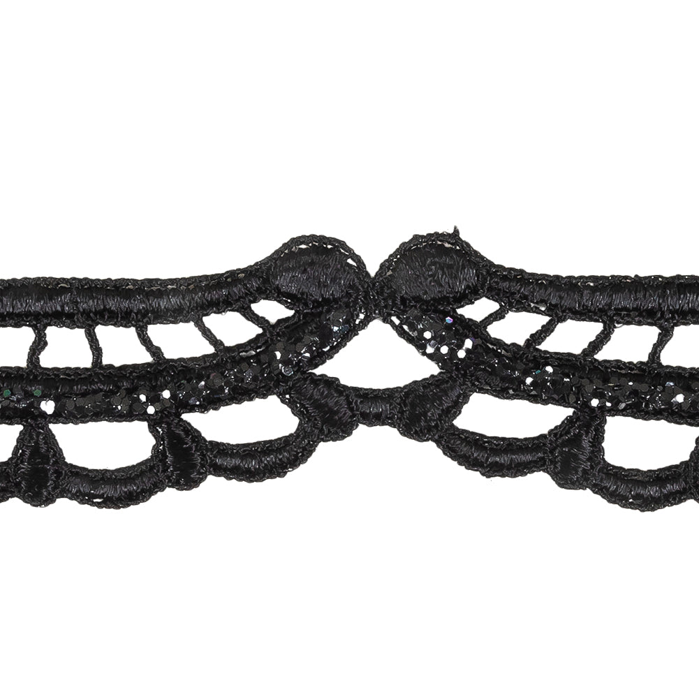 Black Glitter Scalloped Guipure Lace Trim - 1.375" Detail